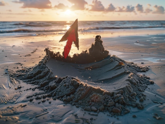 Red Arrow Embedded in a Sandcastle at Sunset