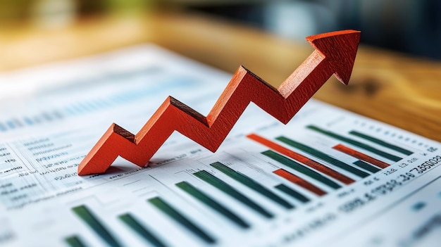 Red Arrow on Financial Growth Chart with Data Analysis