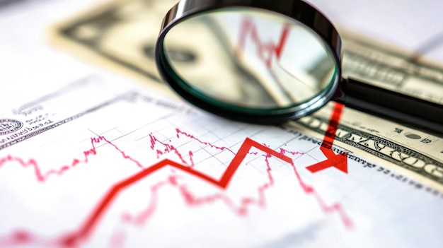 A red arrow points downward near a dollar bill while a magnifying glass emphasizes the looming stock market crash reflected in the falling chart