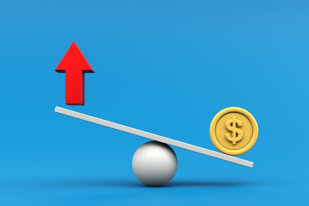 Photo red arrows up with coin on scales board concept of foreign exchange risk management financial risk assessment balance and investment business style 3d rendering