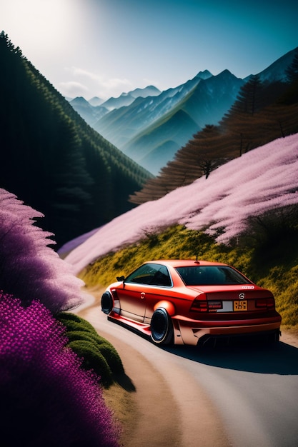 A red audi r8 is driving down a mountain road.