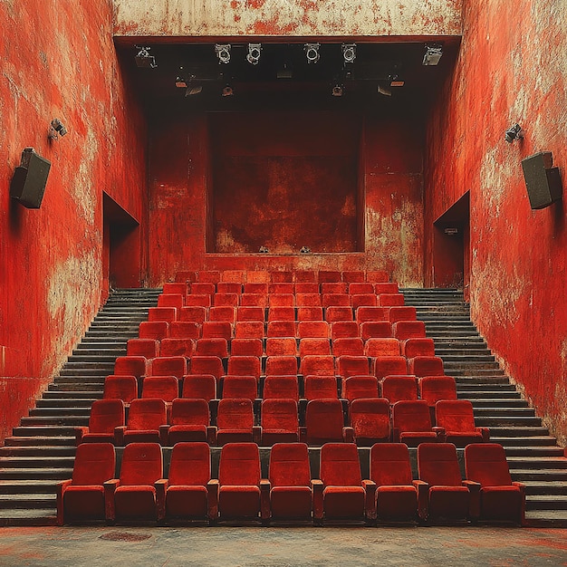 a red auditorium with a red wall and a speaker on the left side