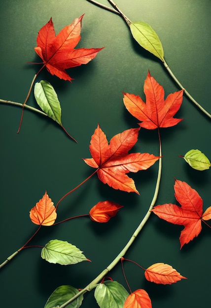 Red autumn leaves on green fall background Ai generated art