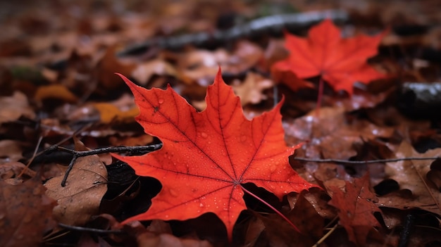 Red autumn maple leaves laying on the forest ground Generative AI