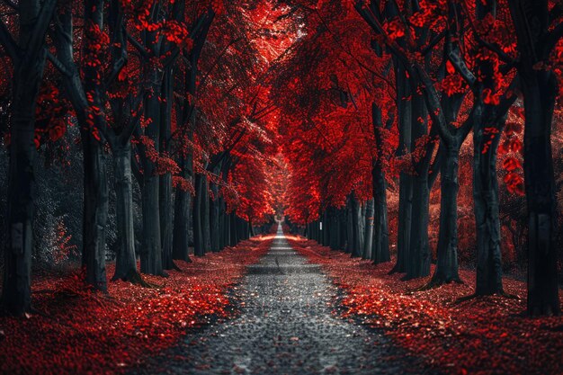 Red Autumnal Pathway Through a Dark Forest