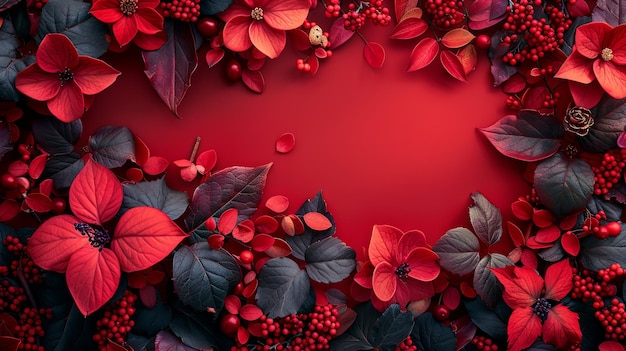 Red background concept with flowers