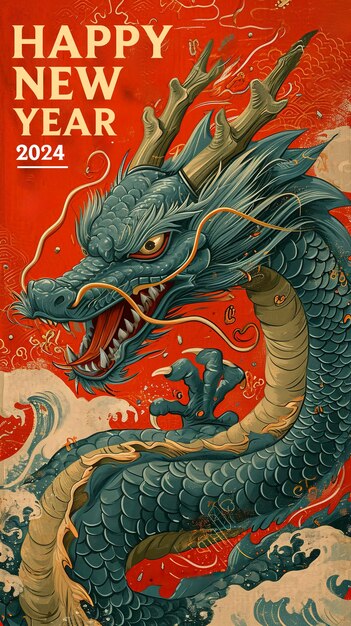 Red background green dragon with the words Happy New Year in bold yellow