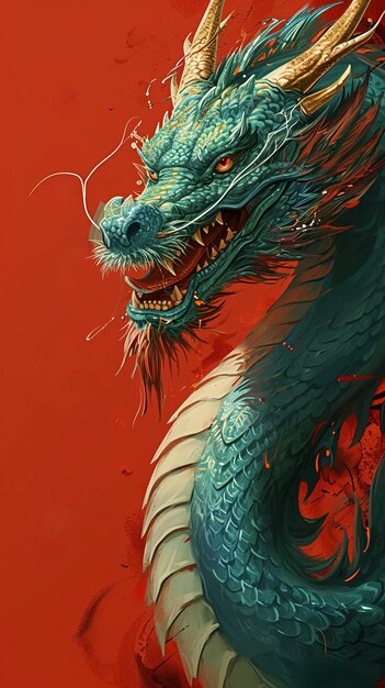 Red background green dragon with the words Happy New Year in bold yellow