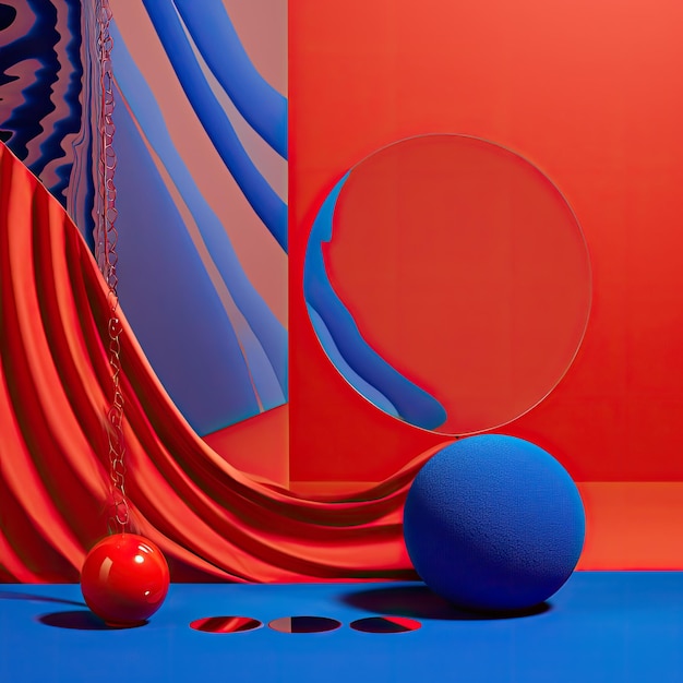 Photo a red background with blue objects and a round ball