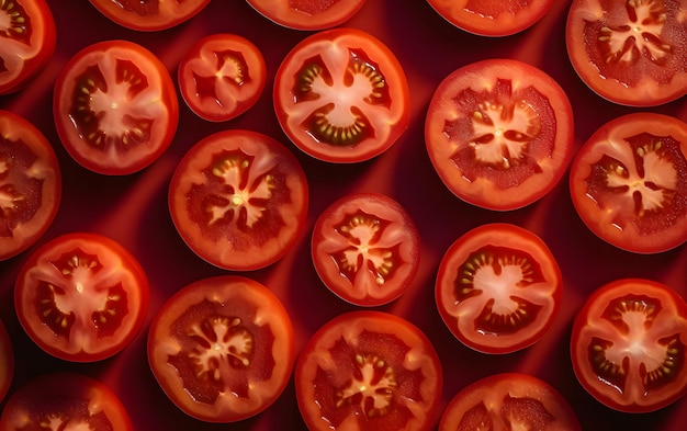 A red background with a bunch of sliced tomatoes