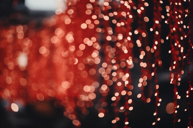 Photo red background with a cascade of christmas lights