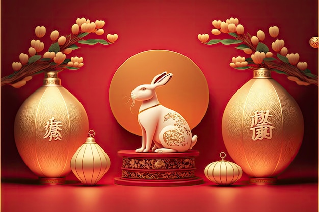 A red background with chinese characters and a rabbit on a gold stand.