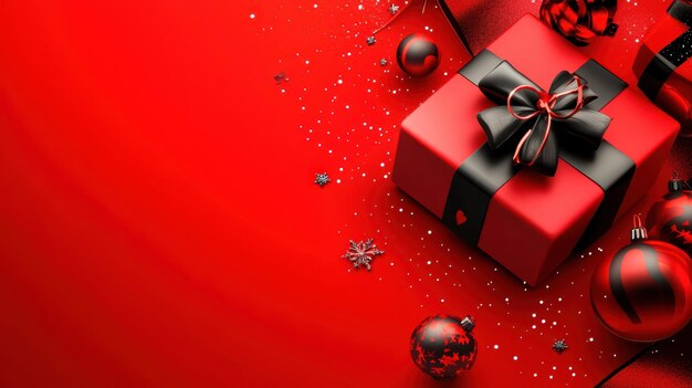 a red background with christmas presents and balls