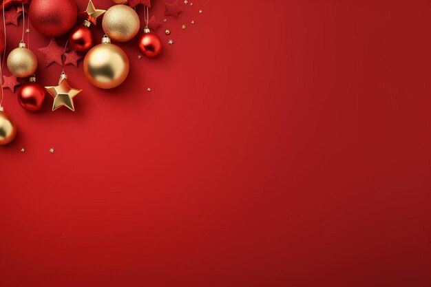 a red background with a christmas tree and balls on it