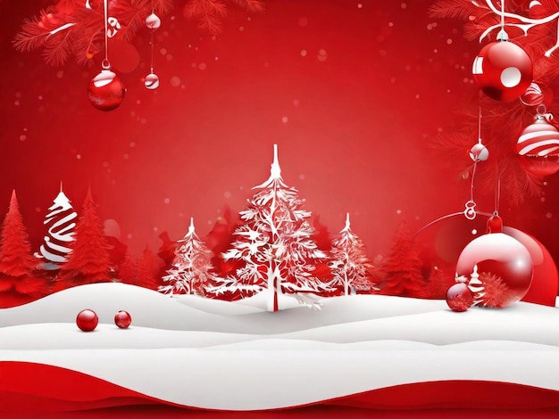 a red background with a christmas tree and snowflakes