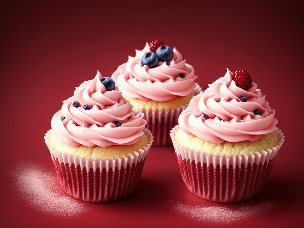 A red background with cupcakes with pink frosting and blueberries on top.