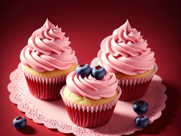 A red background with cupcakes with pink frosting and blueberries.