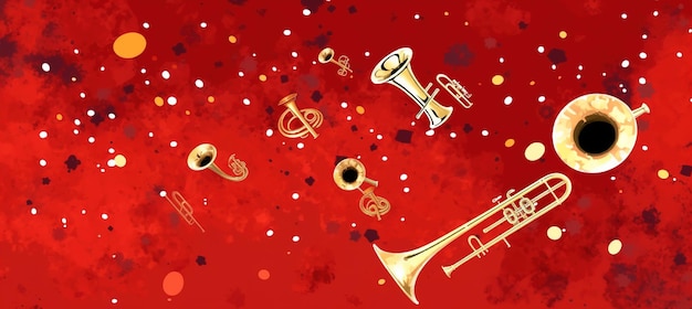 A red background with different musical instruments