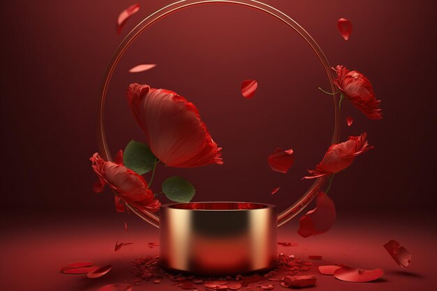 A red background with flowers and a glass bowl with a red background.