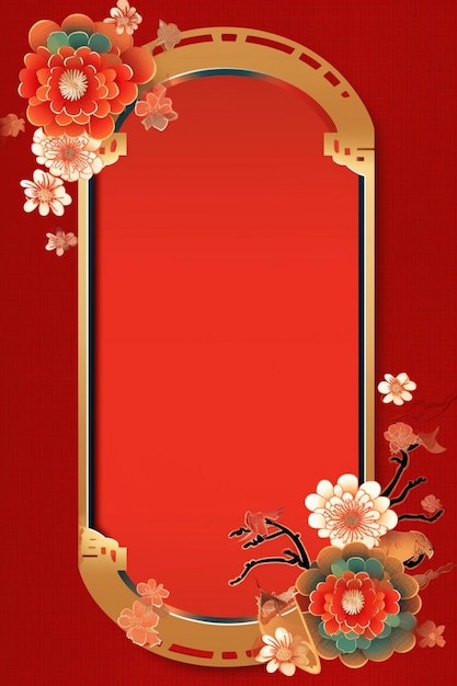 A red background with a gold frame and flowers generative ai