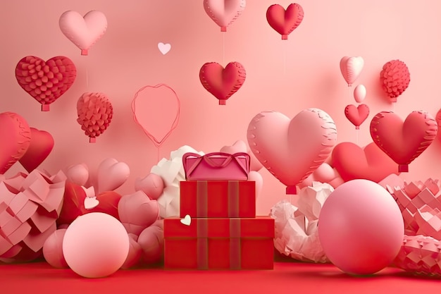 Red background with heartsballoons and gift packages with copy space Ai generative