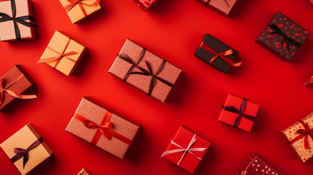 A red background with many small gift boxes on it