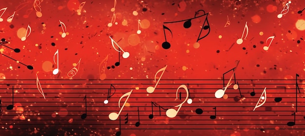 A red background with music notes and a black and white sign that says'i '