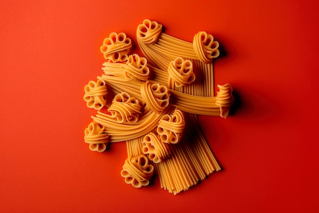 A red background with pasta and a heart shaped design.