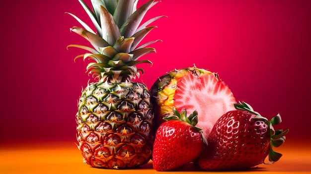 A red background with pineapples and strawberries