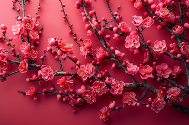 a red background with a pink cherry blossom tree