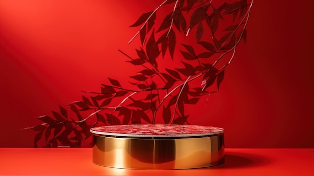 A red background with a red background and a gold object with a red background and a branch of a plant.