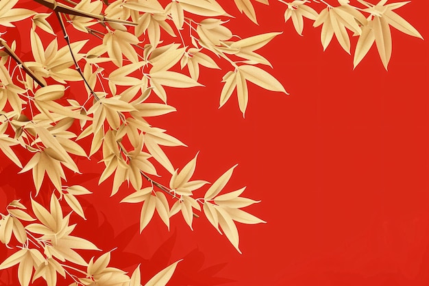 Photo a red background with a red background with a red background with bamboo leaves