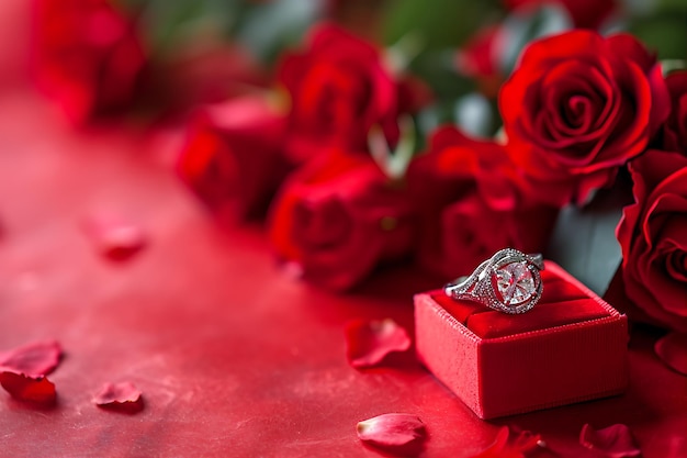 Red Background with Roses Engagement Ring and Bow