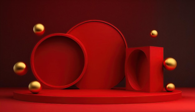 A red background with a round object and a gold ball.