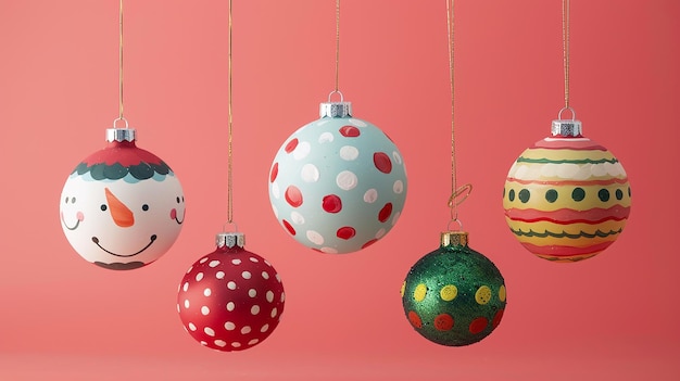 Photo a red background with several colorful ornaments hanging from a string