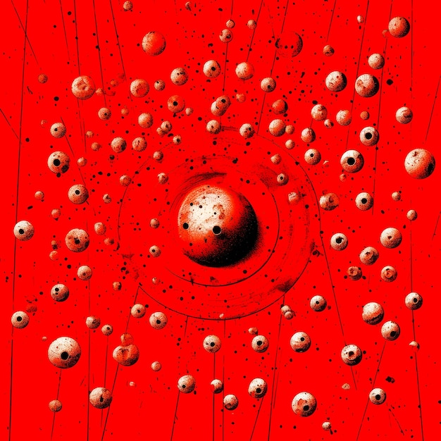 A red background with a silver ball and the word " water " on it.