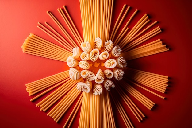 A red background with spaghetti and a bunch of spaghetti