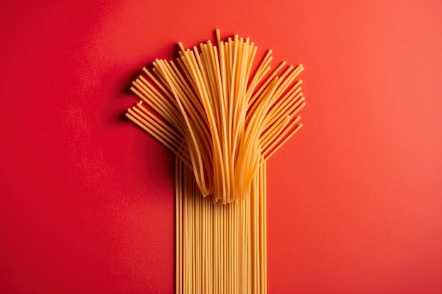 A red background with spaghetti and a bunch of spaghetti