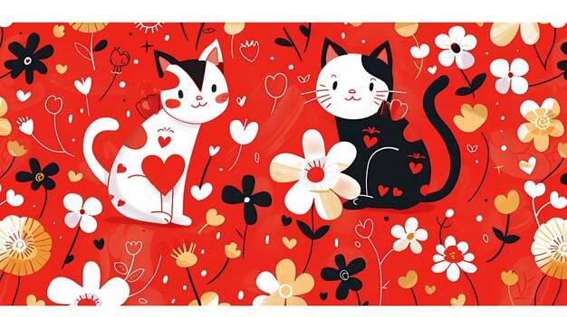 a red background with two cats and a flower with hearts on it