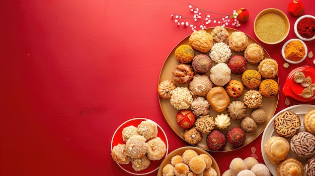 Red background with variety of food items on tray