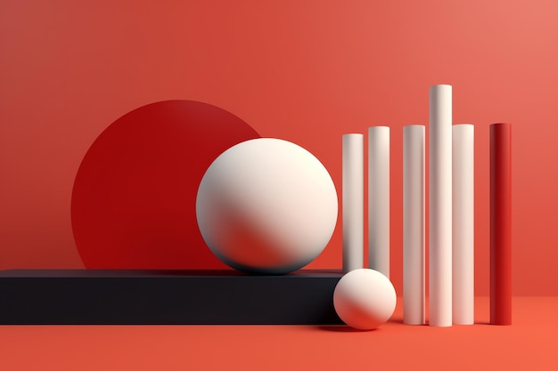 A red background with a white ball and white columns