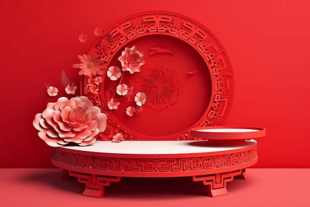 A red background with a white table and a flower on it.