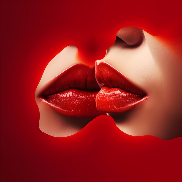 A red background with a woman kissing her lips.