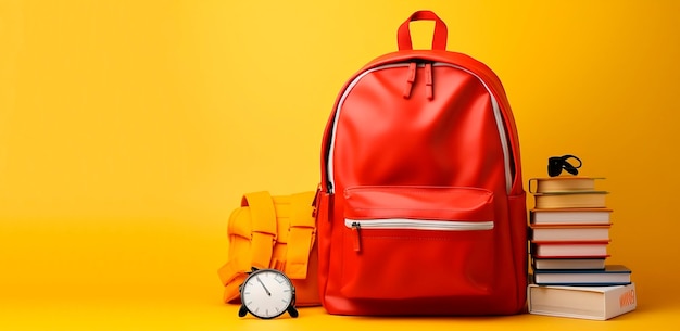 Red backpack books stopwatch on yellow backgroundBack to school copy space AI generated