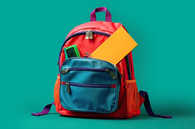 Red backpack School bag on turquoise background AI generative