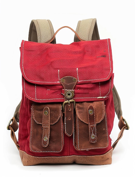 a red backpack with a brown leather strap and leather straps