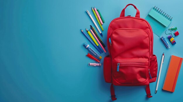 a red backpack with pens and pencils in front of a blue background