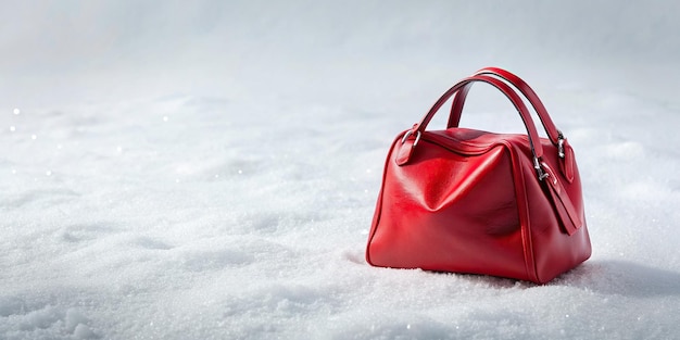 Red bag contrasting against white snow winter cold season accessory fashion bright colorful standing out outdoor nature