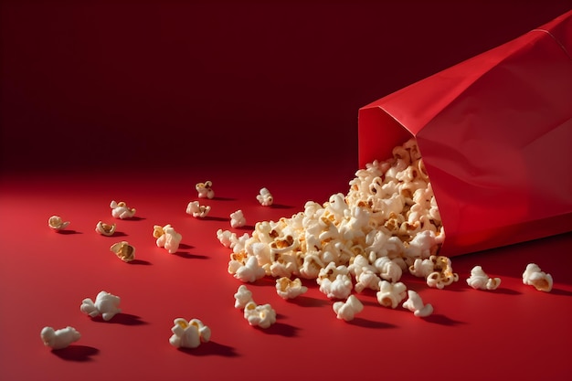 A red bag of popcorn is spilled on a red surface