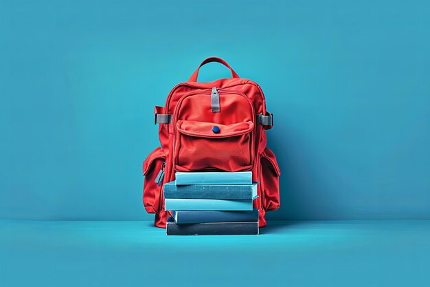 A red bag sits atop books on a blue backdrop creating a striking image